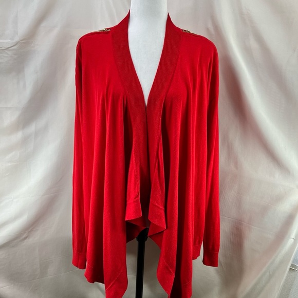 MICHAEL Michael Kors Rich Red Open Knit Cardigan w Zipper Shoulders Full Wrap L - Picture 2 of 15